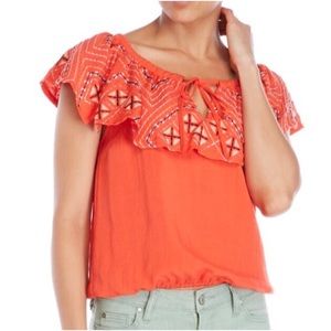 Embroidered Ruffle Keyhole Top